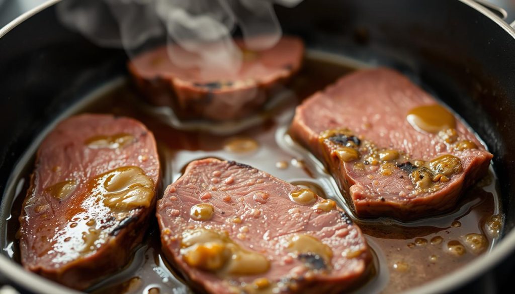 Foie de bœuf en train de cuire dans une poêle avec sauce Foie de bœuf en train de cuire dans une poêle avec sauce