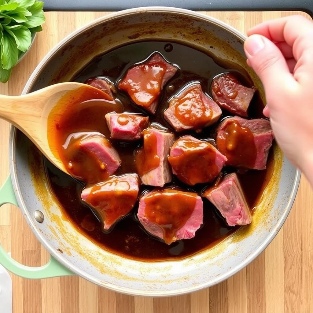 Foie de bœuf remis dans la sauce pour terminer la cuisson Foie de bœuf remis dans la sauce pour terminer la cuisson