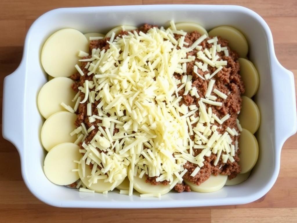 Gratin de viande hachée pomme de terre avec fromage avant cuisson