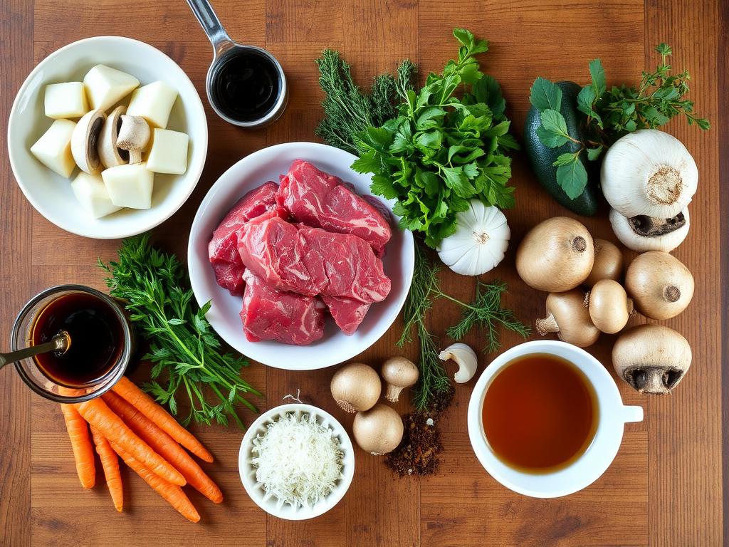Ingrédients pour la recette de boeuf en daube disposés sur une table