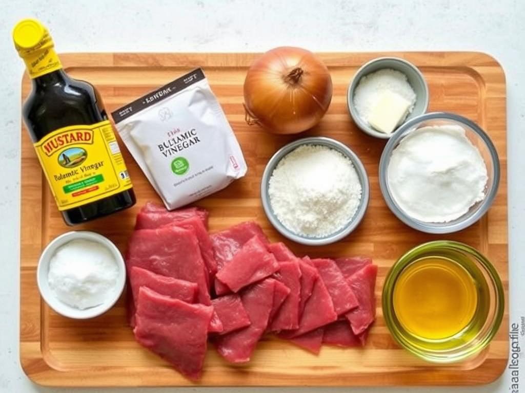 Ingrédients pour la recette de foie de bœuf disposés sur une planche à découper Ingrédients pour la recette de foie de bœuf disposés sur une planche à découper