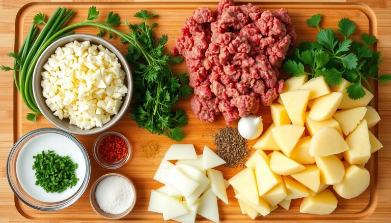 Recette viande hachée pomme de terre : recette facile et économique 2 Ingrédients pour la recette viande hachée pomme de terre disposés sur un plan de travail