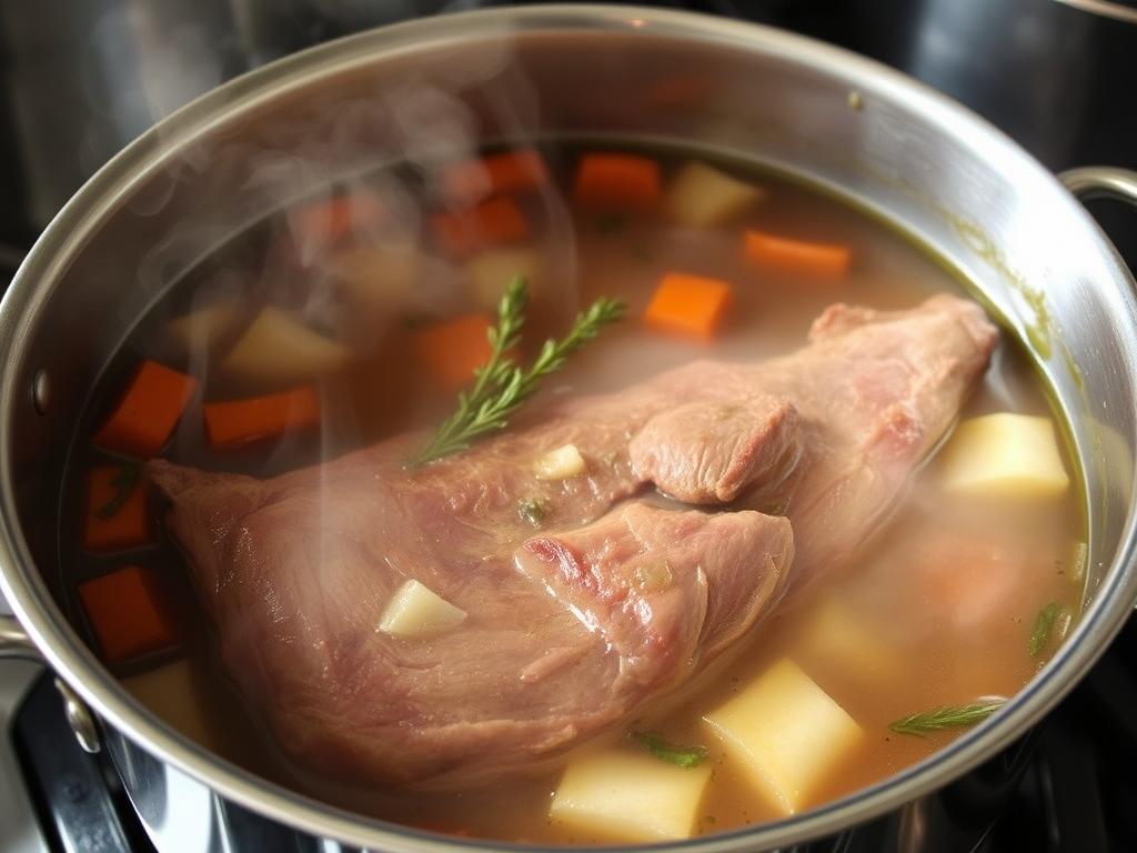 Langue de boeuf en cuisson dans le bouillon avec légumes Langue de boeuf en cuisson dans le bouillon avec légumes