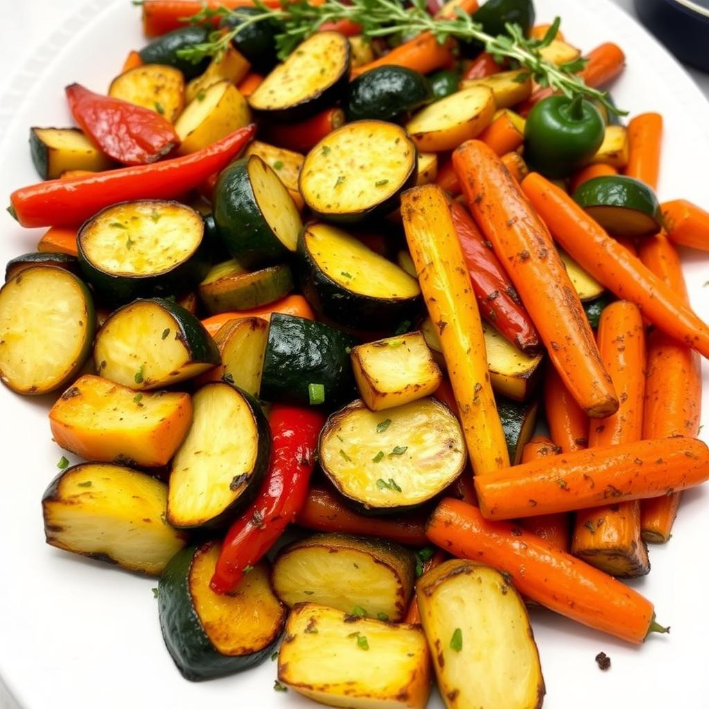 Légumes rôtis servis avec gratin de pomme de terre et viande hachée Légumes rôtis servis avec gratin de pomme de terre et viande hachée
