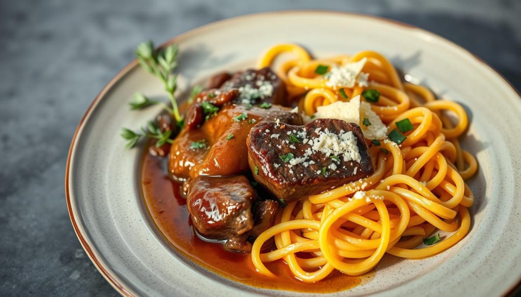 Plat de foie de bœuf servi avec des pâtes au parmesan Plat de foie de bœuf servi avec des pâtes au parmesan