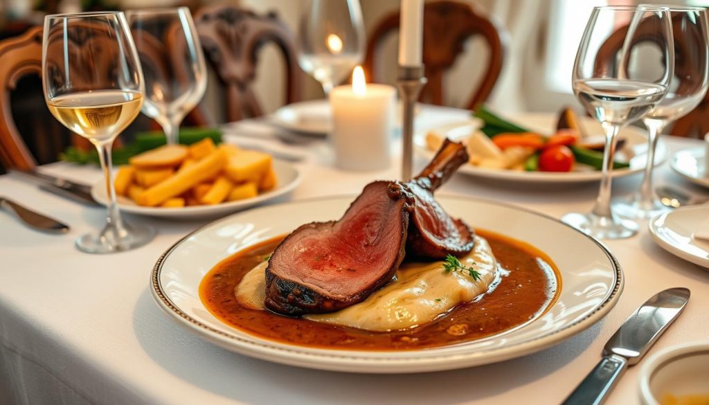 Plat final de langue de boeuf sauce madère servi à table Plat final de langue de boeuf sauce madère servi à table