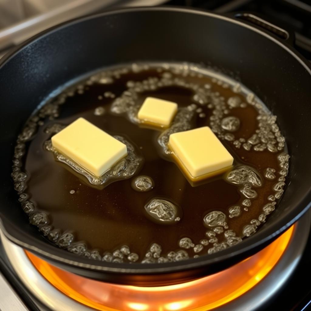 Poêle chauffée avec huile d'olive et beurre Poêle chauffée avec huile d'olive et beurre
