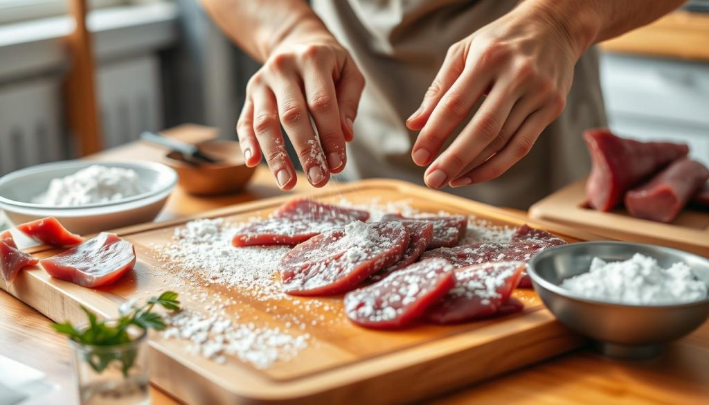 Préparation du foie de bœuf avec farinage des tranches Préparation du foie de bœuf avec farinage des tranches