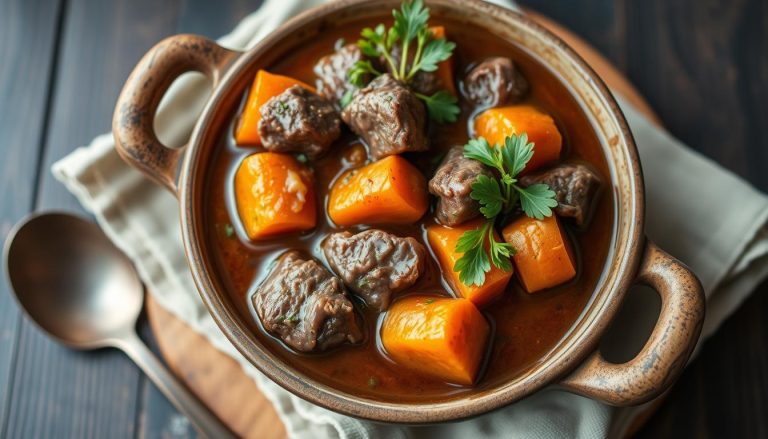 Recette de boeuf en daube servie dans une assiette creuse avec des légumes