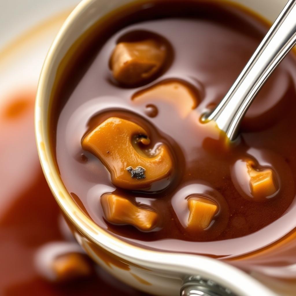 Sauce madère aux champignons dans une saucière Sauce madère aux champignons dans une saucière