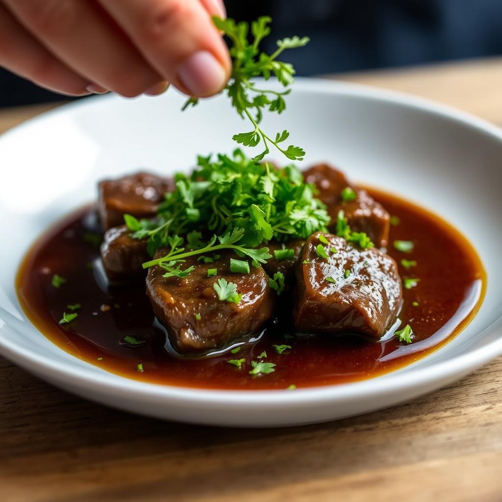 Touche finale avec herbes fraîches sur le foie de bœuf Touche finale avec herbes fraîches sur le foie de bœuf