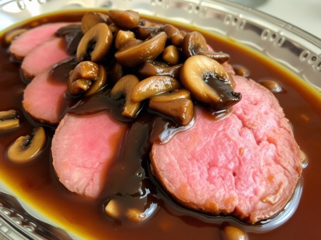 Tranches de langue de boeuf nappées de sauce madère Tranches de langue de boeuf nappées de sauce madère
