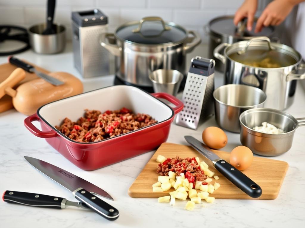 Ustensiles pour préparer un gratin de viande hachée pomme de terre Ustensiles pour préparer un gratin de viande hachée pomme de terre