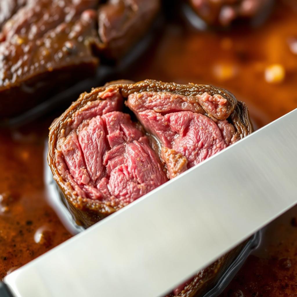 Vérification de la cuisson du foie de bœuf avec un couteau Vérification de la cuisson du foie de bœuf avec un couteau