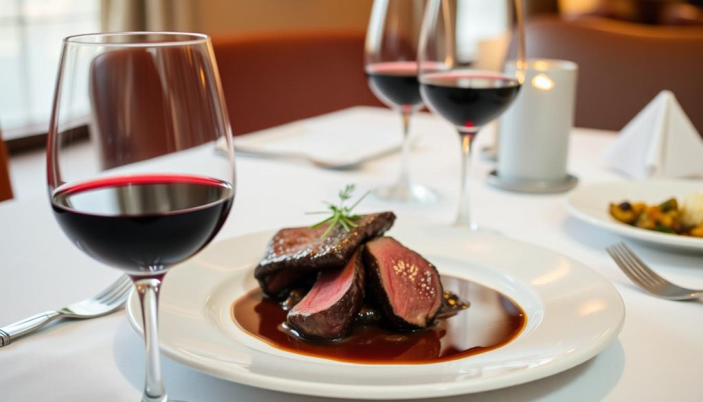 Verre de vin rouge à côté d'une assiette de langue de boeuf sauce madère Verre de vin rouge à côté d'une assiette de langue de boeuf sauce madère