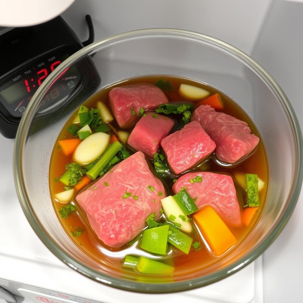 Viande en train de mariner pour la recette de boeuf en daube