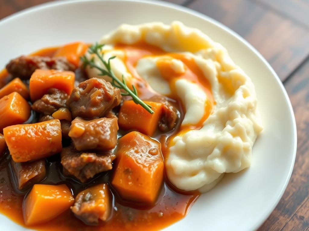 boeuf aux carottes servi avec une purée de pommes de terre boeuf aux carottes servi avec une purée de pommes de terre