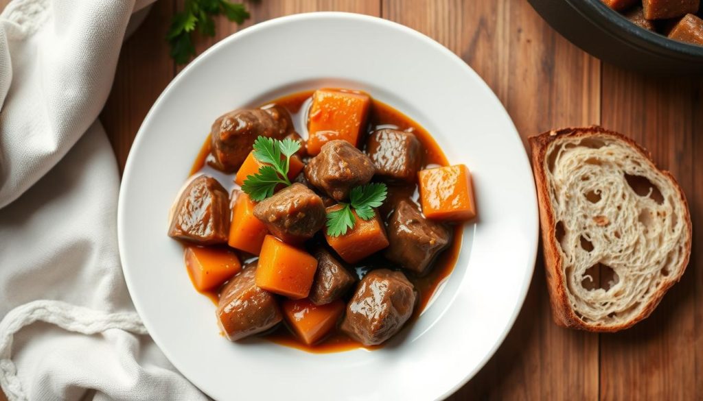recette de boeuf aux carottes servie dans une assiette avec du persil recette de boeuf aux carottes servie dans une assiette avec du persil