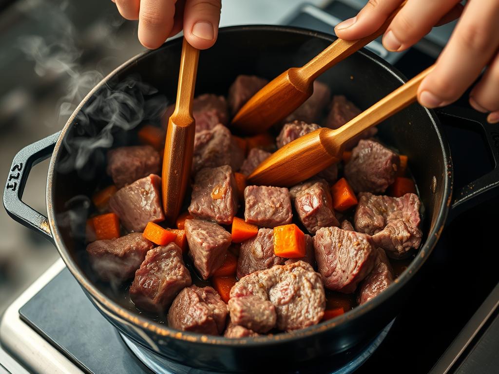 saisie des morceaux de boeuf dans une cocotte pour la recette de boeuf aux carottes saisie des morceaux de boeuf dans une cocotte pour la recette de boeuf aux carottes