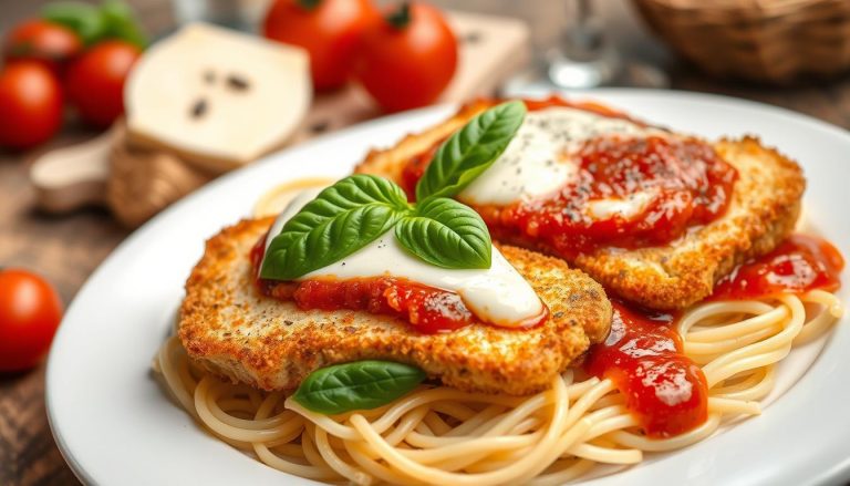 Escalope de dinde à l'italienne servie avec des pâtes et garnie de basilic frais