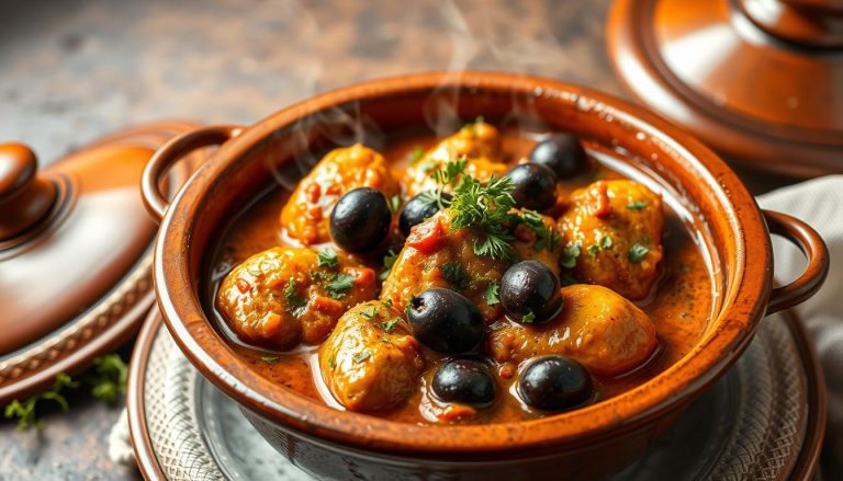 Tajine au poulet et olives marocain traditionnel servi dans un plat en terre cuite