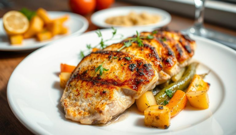 escalope de dinde au four dorée et juteuse servie avec des légumes